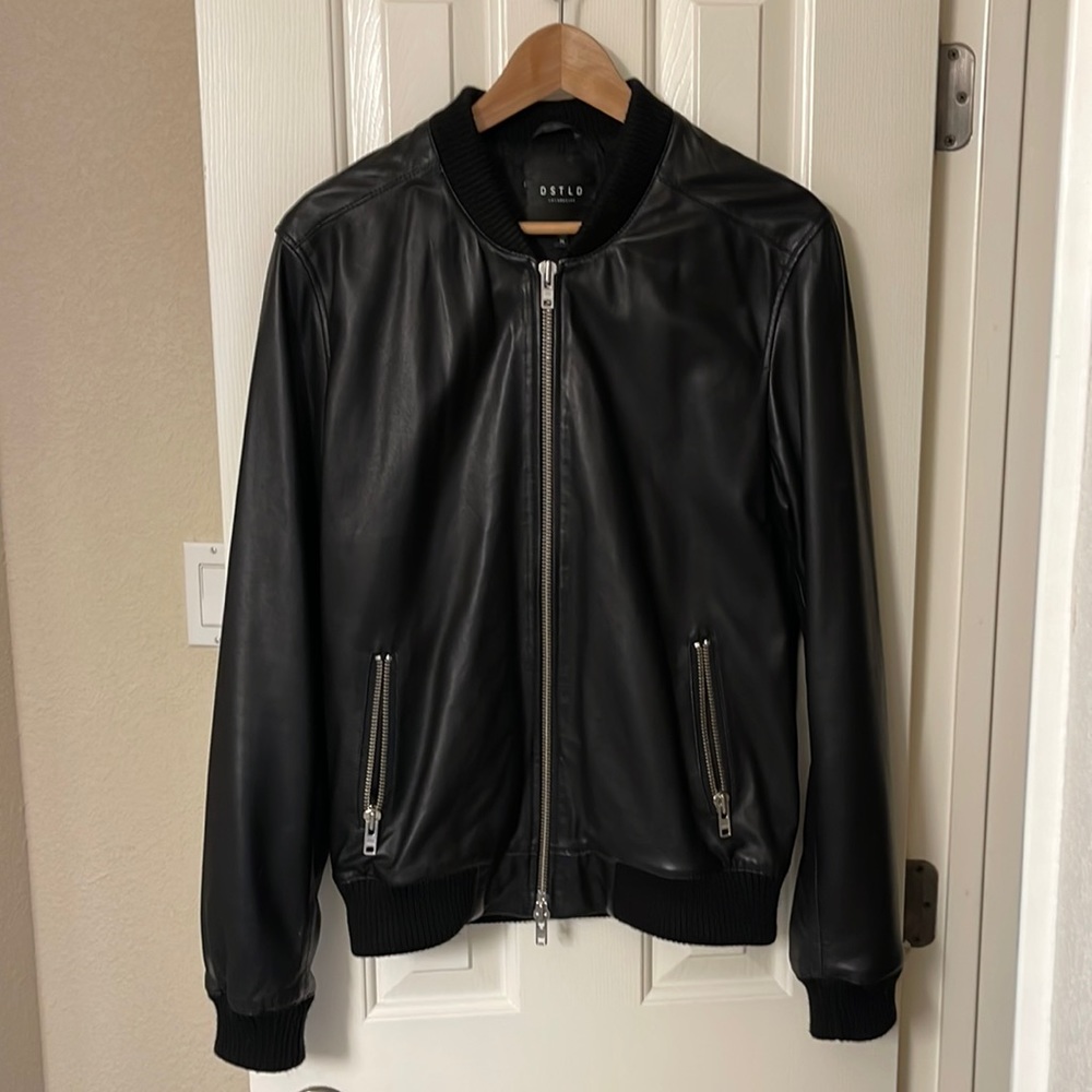Black leather bomber jacket worn twice. Too small for me now as I wear a large